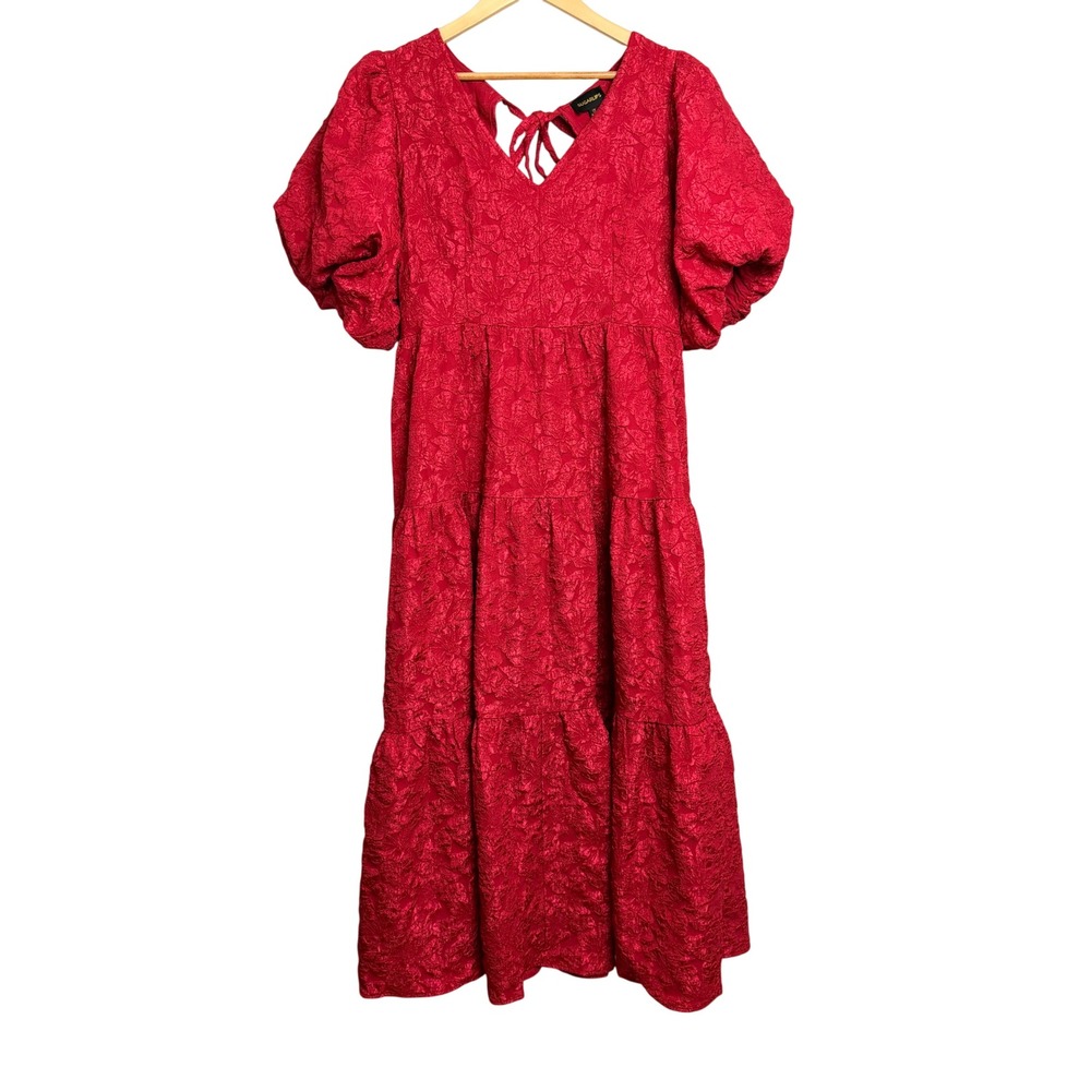Sugarlips Red Floral Jacquard Tiered Midi Dress Puff Sleeve Open Back 1X